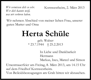 Traueranzeige von Herta Schüle von Stuttgarter Zeitung / Stuttgarter Nachrichten