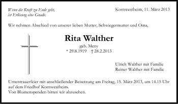 Traueranzeige von Rita Walther von Stuttgarter Zeitung / Stuttgarter Nachrichten