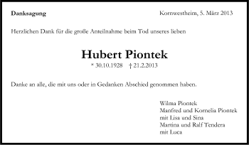 Traueranzeige von Hubert Piontek von Stuttgarter Zeitung / Stuttgarter Nachrichten