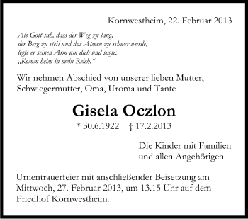 Traueranzeige von Gisela Oczlon von Stuttgarter Zeitung / Stuttgarter Nachrichten