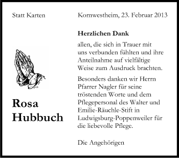 Traueranzeige von Rosa Hubbuch von Stuttgarter Zeitung / Stuttgarter Nachrichten