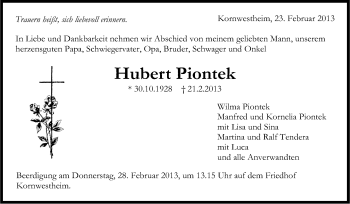 Traueranzeige von Hubert Piontek von Stuttgarter Zeitung / Stuttgarter Nachrichten