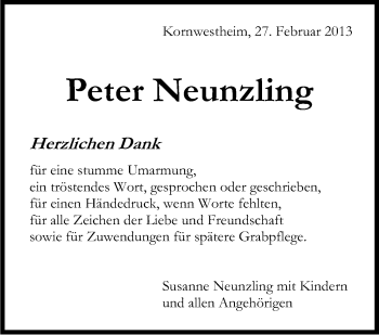 Traueranzeige von Peter Neunzling von Stuttgarter Zeitung / Stuttgarter Nachrichten