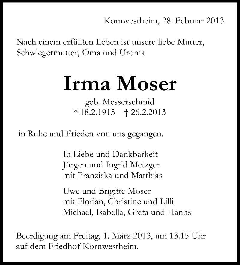  Traueranzeige für Irma Moser vom 28.02.2013 aus Stuttgarter Zeitung / Stuttgarter Nachrichten