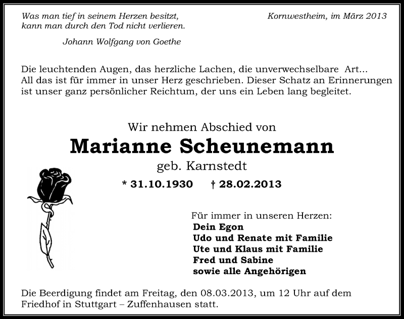  Traueranzeige für Marianne Scheunemann vom 06.03.2013 aus Stuttgarter Zeitung / Stuttgarter Nachrichten
