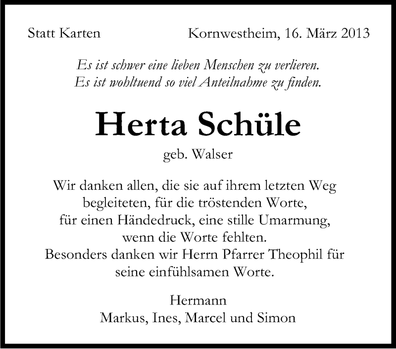  Traueranzeige für Herta Schüle vom 16.03.2013 aus Stuttgarter Zeitung / Stuttgarter Nachrichten