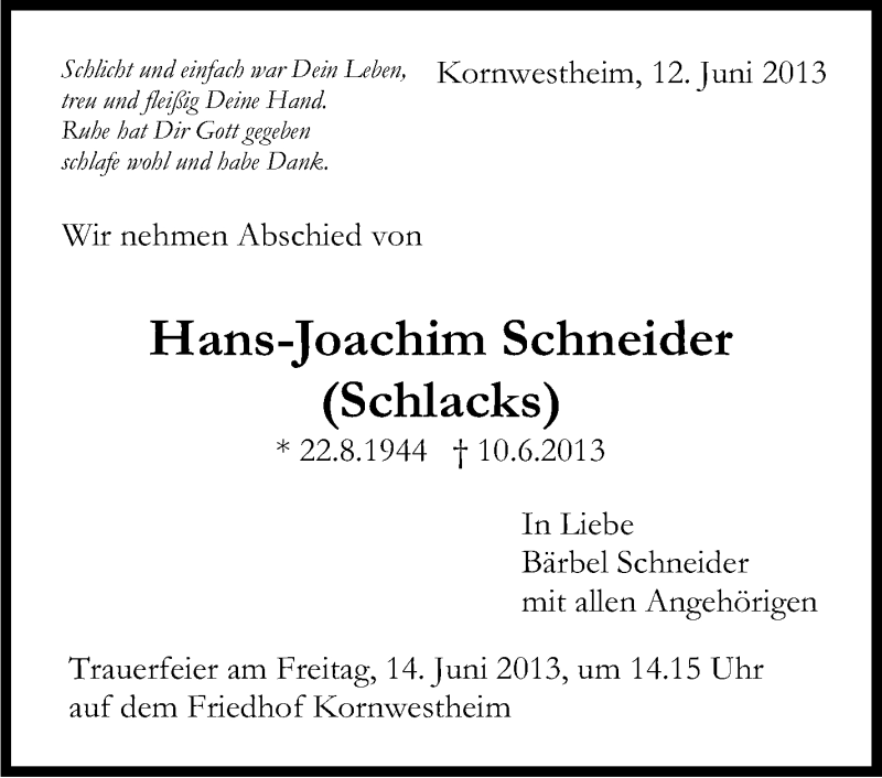 Traueranzeige für Hans-Joachim Schneider vom 12.06.2013 aus Stuttgarter Zeitung / Stuttgarter Nachrichten