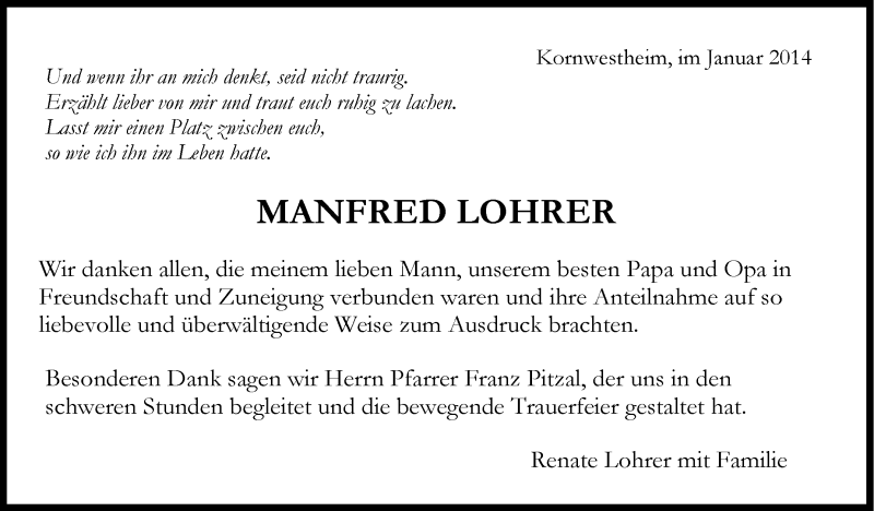  Traueranzeige für Manfred Lohrer vom 18.01.2014 aus Stuttgarter Zeitung / Stuttgarter Nachrichten