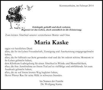 Traueranzeige von Maria Kaske von Stuttgarter Zeitung / Stuttgarter Nachrichten