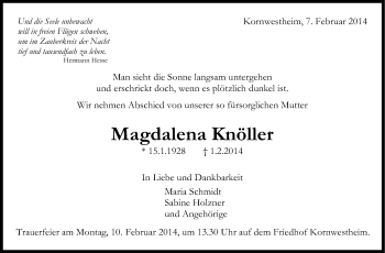 Traueranzeige von Magdalena Knöller von Stuttgarter Zeitung / Stuttgarter Nachrichten
