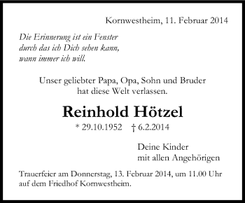 Traueranzeige von Reinhold Hötzel von Stuttgarter Zeitung / Stuttgarter Nachrichten