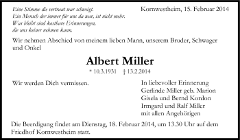 Traueranzeige von Albert Miller von Stuttgarter Zeitung / Stuttgarter Nachrichten
