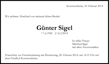Traueranzeige von Günter Sigel von Stuttgarter Zeitung / Stuttgarter Nachrichten