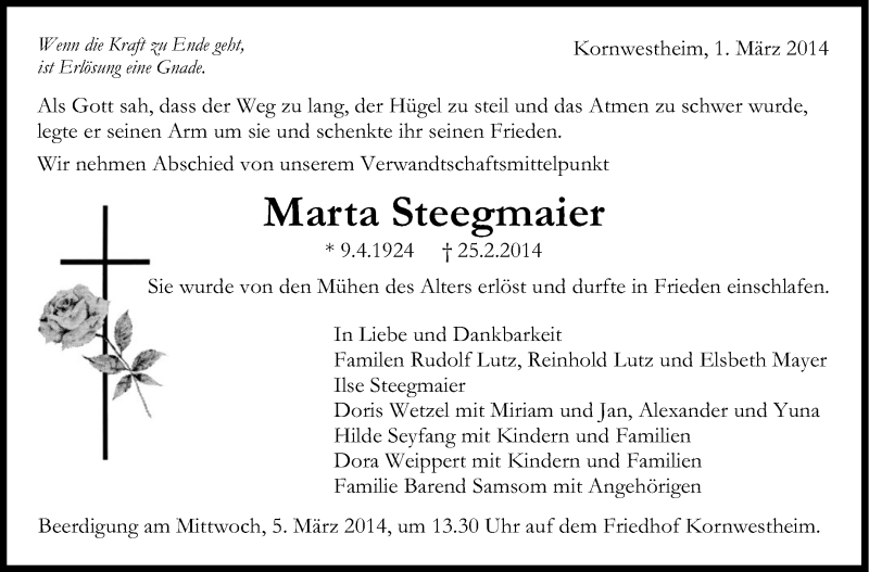  Traueranzeige für Marta Steegmaier vom 01.03.2014 aus Stuttgarter Zeitung / Stuttgarter Nachrichten