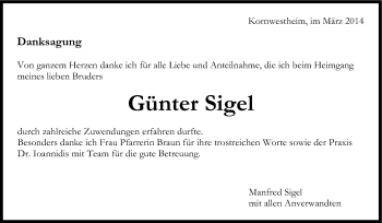 Traueranzeige von Günter Sigel von Stuttgarter Zeitung / Stuttgarter Nachrichten