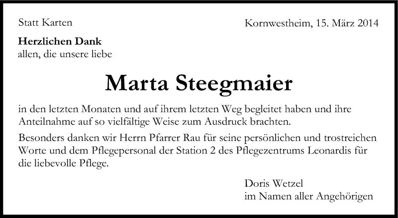  Traueranzeige für Marta Steegmaier vom 15.03.2014 aus Stuttgarter Zeitung / Stuttgarter Nachrichten