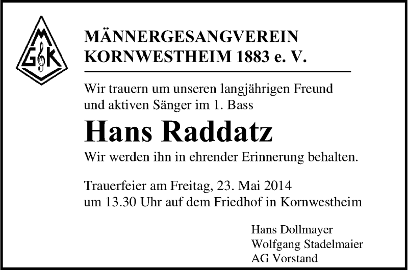  Traueranzeige für Hans Raddatz vom 22.05.2014 aus Stuttgarter Zeitung / Stuttgarter Nachrichten
