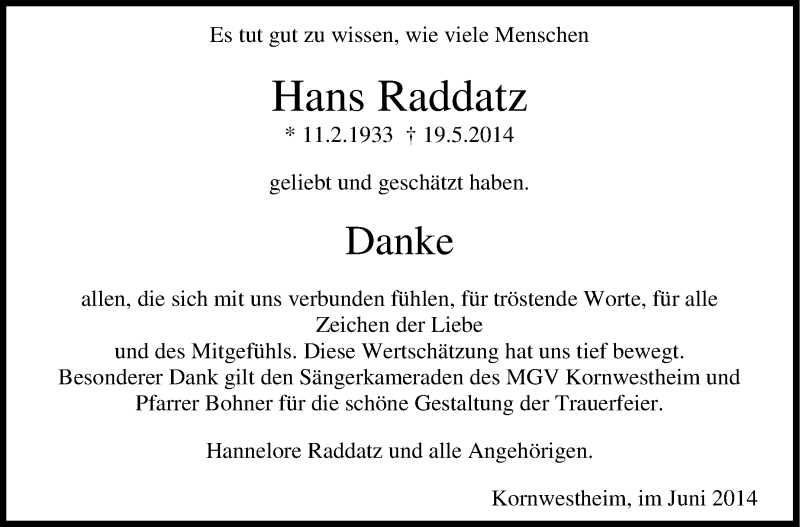  Traueranzeige für Hans Raddatz vom 28.06.2014 aus Stuttgarter Zeitung / Stuttgarter Nachrichten