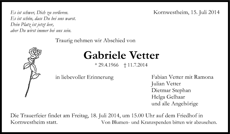  Traueranzeige für Gabriele Vetter vom 15.07.2014 aus Stuttgarter Zeitung / Stuttgarter Nachrichten