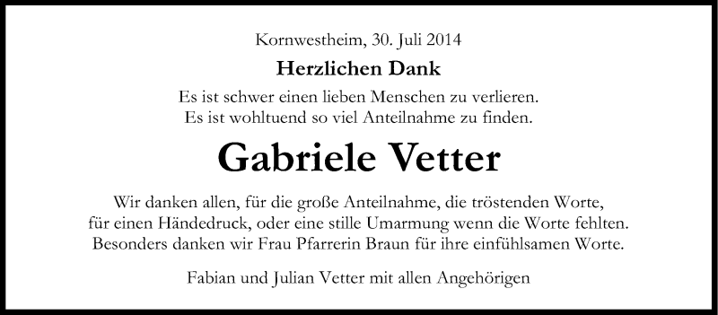  Traueranzeige für Gabriele Vetter vom 30.07.2014 aus Stuttgarter Zeitung / Stuttgarter Nachrichten