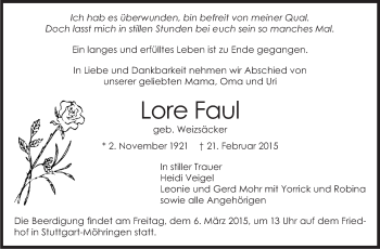 Traueranzeige von Lore Faul von Stuttgarter Zeitung / Stuttgarter Nachrichten