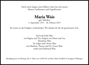 Traueranzeige von Maria Wais von Stuttgarter Zeitung / Stuttgarter Nachrichten