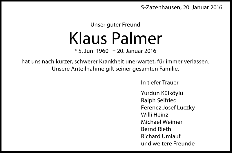  Traueranzeige für Klaus Palmer vom 23.01.2016 aus Stuttgarter Zeitung / Stuttgarter Nachrichten