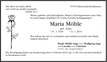 Traueranzeige von Maria Möhle von Stuttgarter Zeitung / Stuttgarter Nachrichten