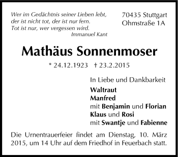 Traueranzeige von Mathäus Sonnenmoser von Stuttgarter Zeitung / Stuttgarter Nachrichten