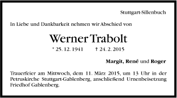 Traueranzeige von Werner Trabolt von Stuttgarter Zeitung / Stuttgarter Nachrichten