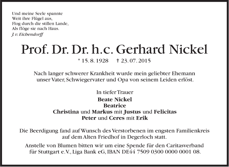  Traueranzeige für Gerhard Nickel vom 01.08.2015 aus Stuttgarter Zeitung / Stuttgarter Nachrichten