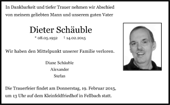 Traueranzeige von Dieter Schäuble von Stuttgarter Zeitung / Stuttgarter Nachrichten