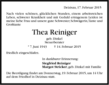 Traueranzeige von Thea Reiniger von Stuttgarter Zeitung / Stuttgarter Nachrichten