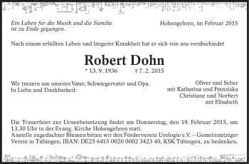 Traueranzeige von Robert Dohn von Stuttgarter Zeitung / Stuttgarter Nachrichten