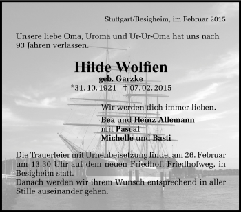 Traueranzeige von Hilde Wolfien von Stuttgarter Zeitung / Stuttgarter Nachrichten