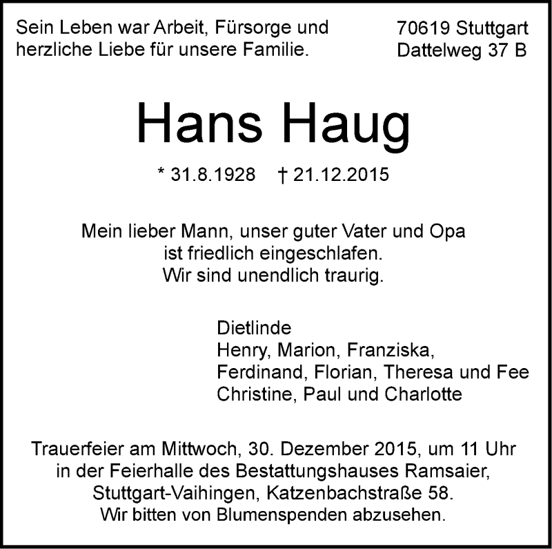  Traueranzeige für Hans Haug vom 23.12.2015 aus Stuttgarter Zeitung / Stuttgarter Nachrichten