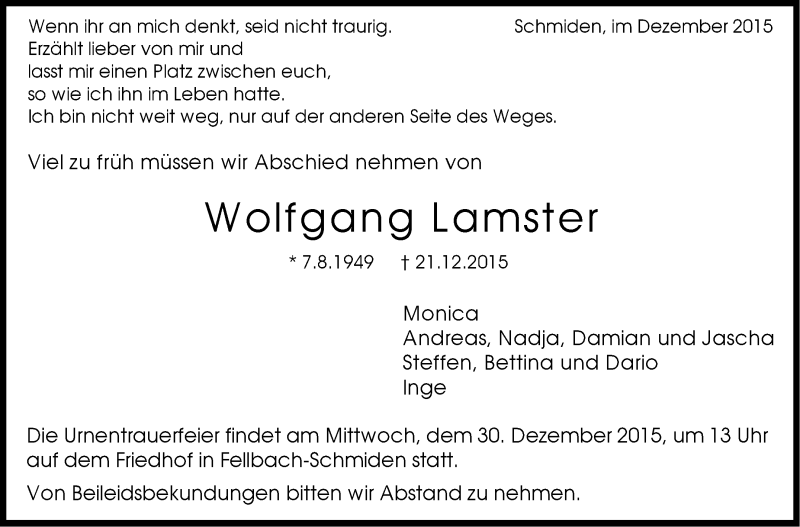  Traueranzeige für Wolfgang Lamster vom 24.12.2015 aus Stuttgarter Zeitung / Stuttgarter Nachrichten