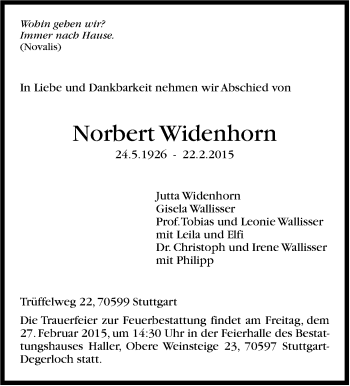 Traueranzeige von Norbert Widenhorn von Stuttgarter Zeitung / Stuttgarter Nachrichten