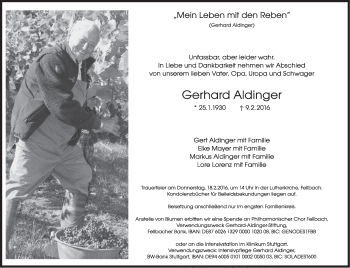 Traueranzeige von Gerhard Aldinger von Stuttgarter Zeitung / Stuttgarter Nachrichten