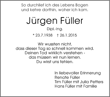 Traueranzeige von Jürgen Füller von Stuttgarter Zeitung / Stuttgarter Nachrichten