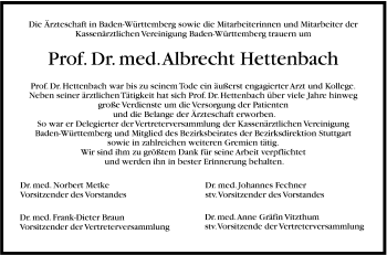 Traueranzeige von Albrecht Hettenbach von Stuttgarter Zeitung / Stuttgarter Nachrichten