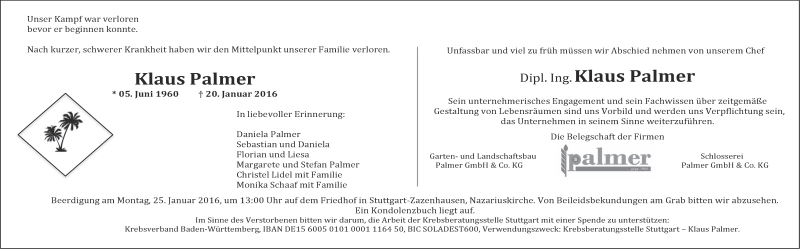  Traueranzeige für Klaus Palmer vom 22.01.2016 aus Stuttgarter Zeitung / Stuttgarter Nachrichten