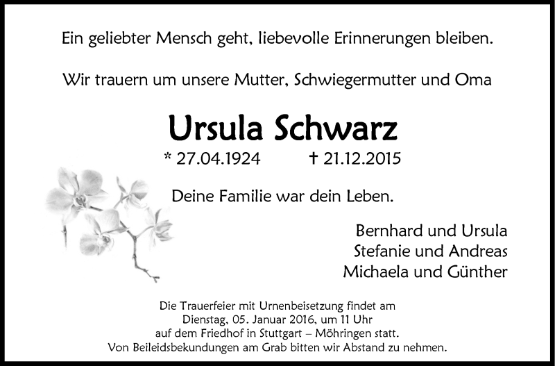  Traueranzeige für Ursula Schwarz vom 28.12.2015 aus Stuttgarter Zeitung / Stuttgarter Nachrichten
