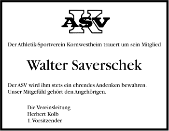 Traueranzeige von Walter Saverschek von Stuttgarter Zeitung / Stuttgarter Nachrichten