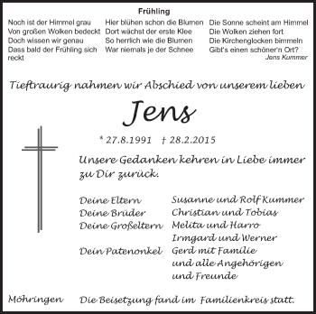 Traueranzeige von Jens  von Stuttgarter Zeitung / Stuttgarter Nachrichten