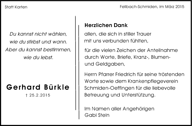  Traueranzeige für Gerhard Bürkle vom 11.03.2015 aus Stuttgarter Zeitung / Stuttgarter Nachrichten