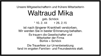 Traueranzeige von Waltraud Mika von Stuttgarter Zeitung / Stuttgarter Nachrichten