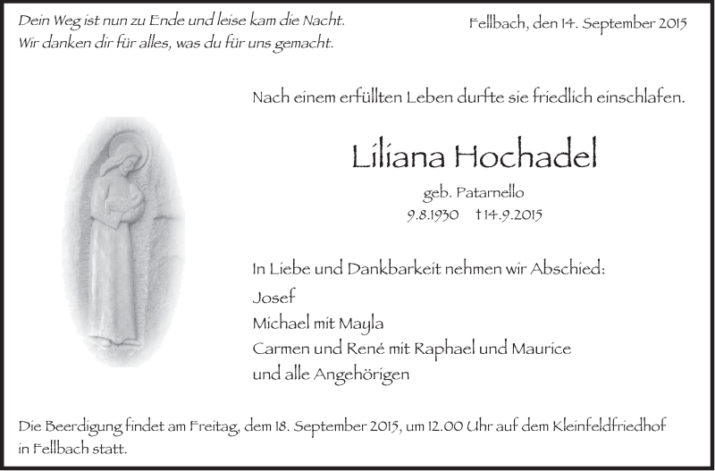  Traueranzeige für Liliana Hochadel vom 16.09.2015 aus Stuttgarter Zeitung / Stuttgarter Nachrichten