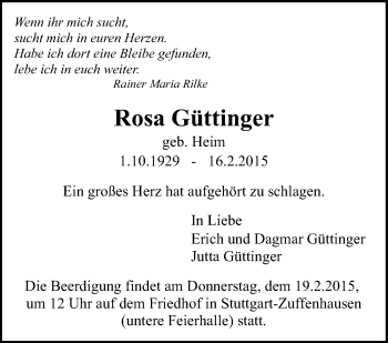 Traueranzeige von Rosa Güttinger von Stuttgarter Zeitung / Stuttgarter Nachrichten