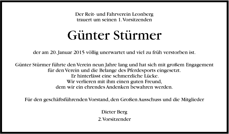 Traueranzeige für Günter Stürmer vom 26.01.2015 aus Stuttgarter Zeitung / Stuttgarter Nachrichten